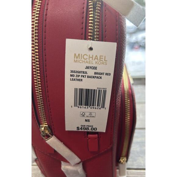 NWT Michael Kors Jaycee Medium Zip Pocket Backpack Leather Bright Red MSRP $498 - Picture 3 of 15